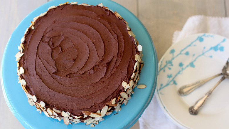 Queen of Sheba cake decorated with slivered almonds