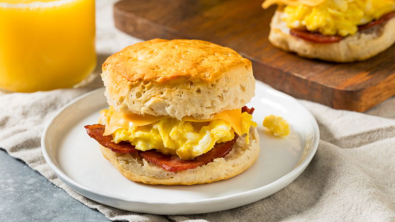 Bacon and egg breakfast sandwich on a biscuit