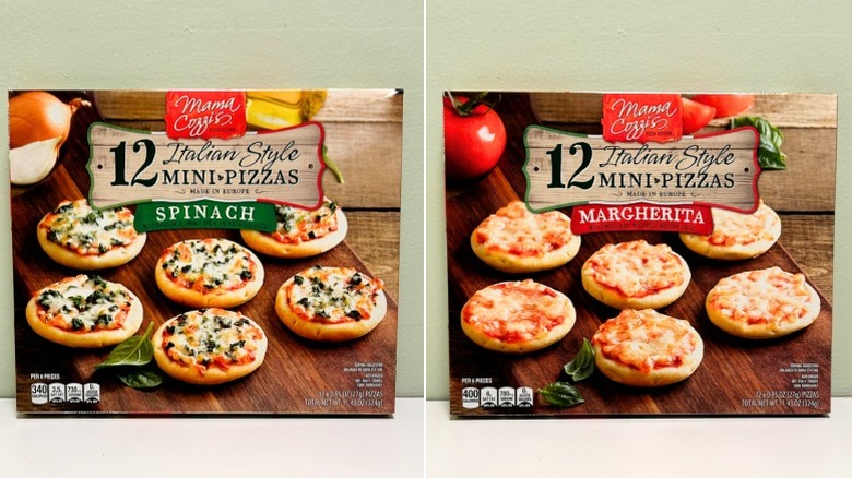 Two boxes of Mama Cozzi's Italian-style mini pizzas next to each other against green and white surfaces