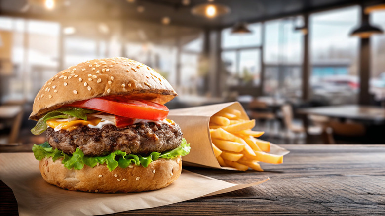 A burger and fries inside of a restaurant