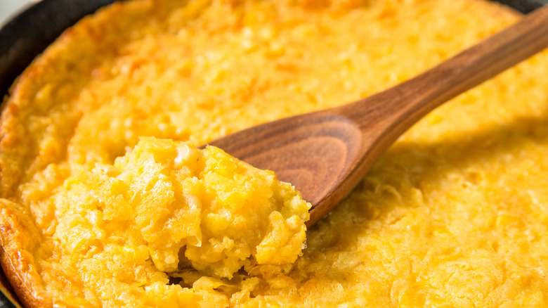 A spoonful of creamed corn casserole