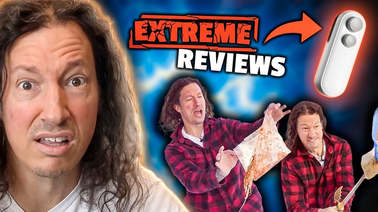 Close up of a guy, with images of him destroying bags, the text "Extreme Reviews," and an arrow pointing to an electric bag sealer