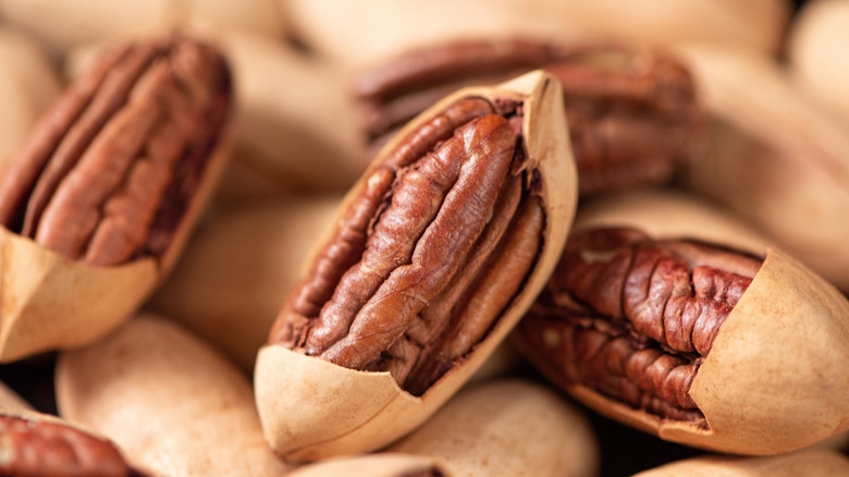 Close up of pecan nuts in their shells