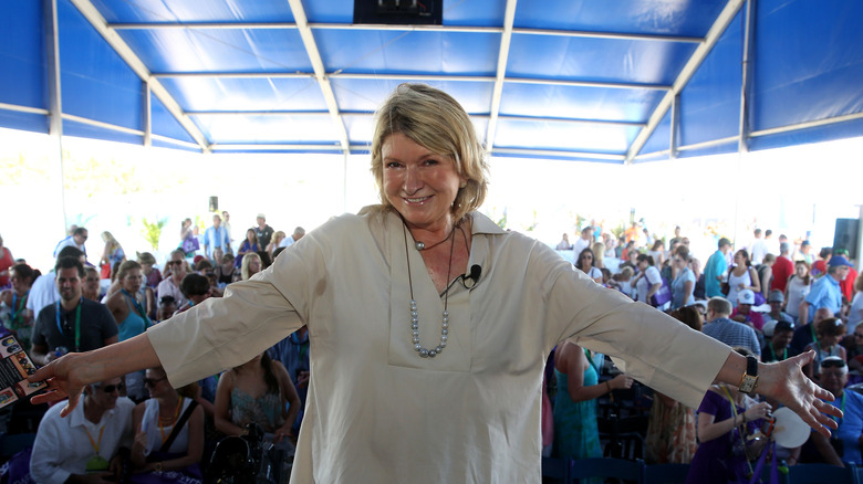 Martha Stewart throwing her arms open with a slightly mischievous smile
