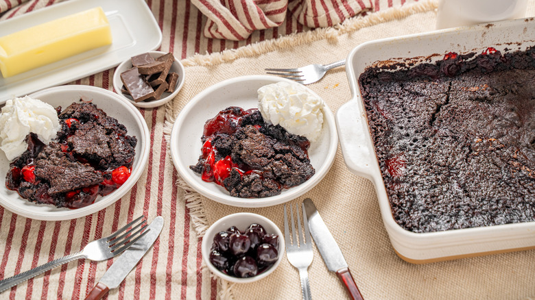 Bowls filled with chocolate cherry dump cake