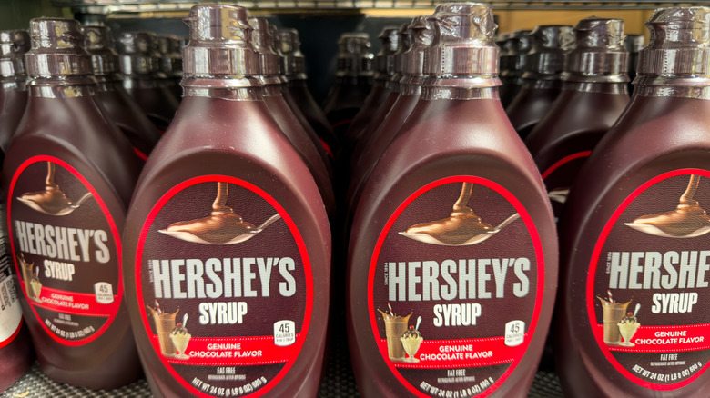 Hershey's chocolate syrup on store shelf