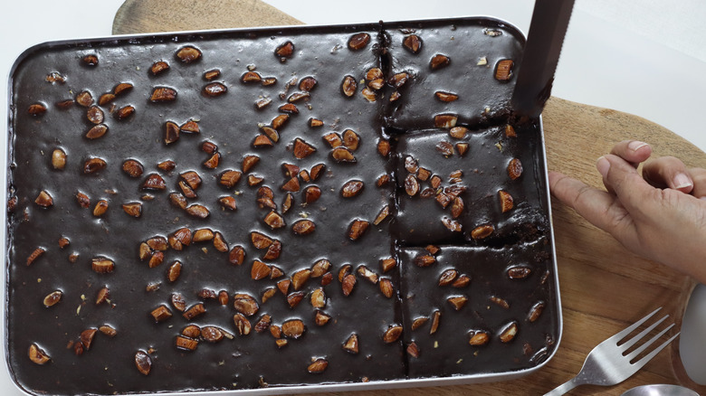 Texas sheet cake in a pan