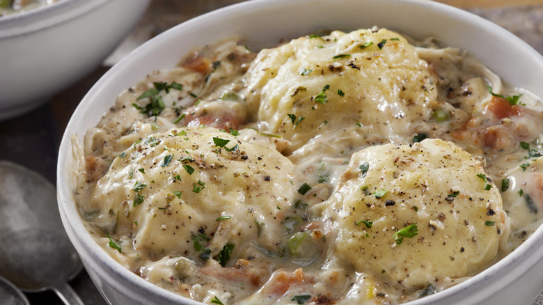 Chicken and dumplings in a bowl