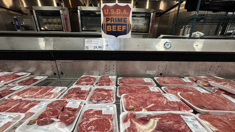 Meat department at a Costco; packaged beef below a USDA Prime Beef sign