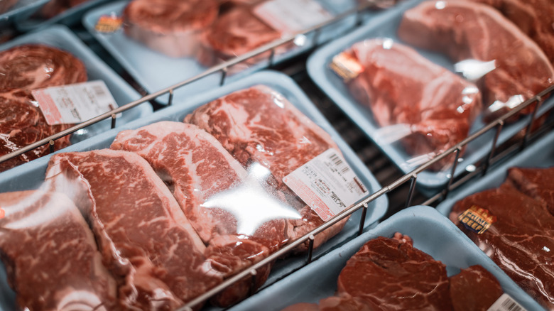 Packaged USDA Prime New York strip steaks at a Costco